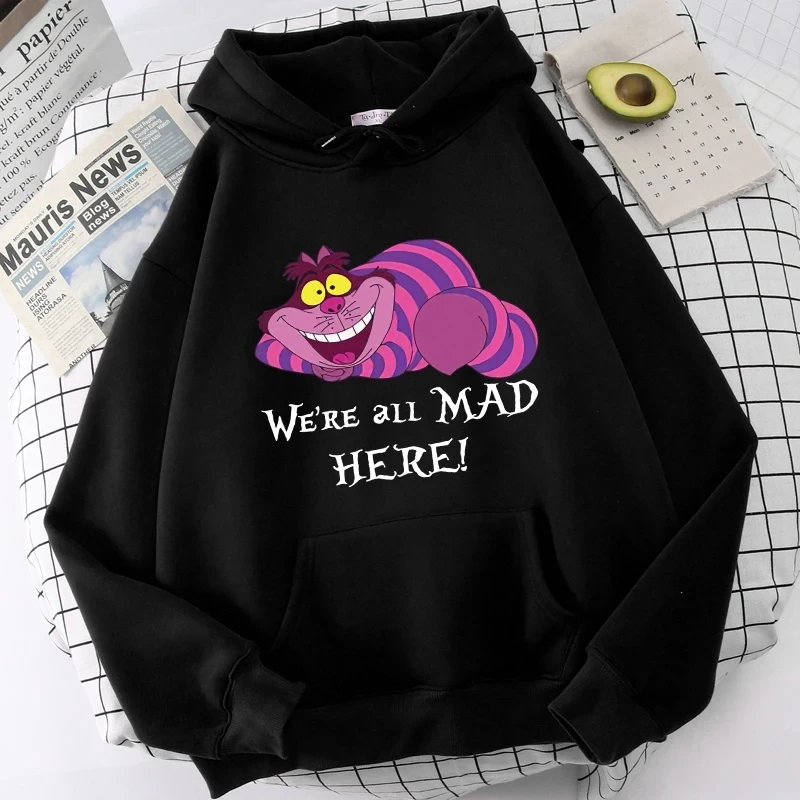 Disney Long Sleeve Hoodie Fashion Alice in Wonderland Cheshire Cat Cartoon Cute Cat Print Hooded Pullover Unisex Womens Sweatshi