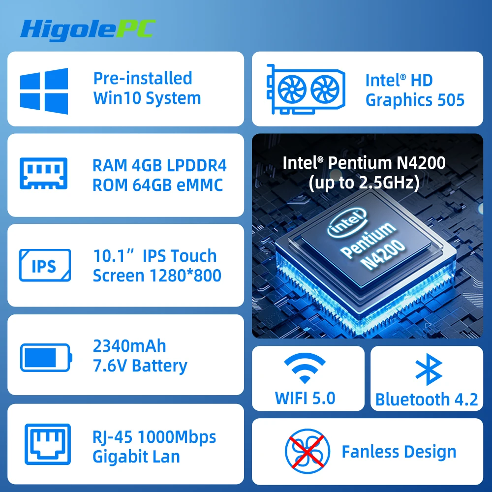 Higole F6APL 10.1 ''كمبيوتر صغير بدون مروحة Intel N4200 Windows 10 WiFi5 4GB 64GB 2340mAh 4K RS-232 RJ45 كمبيوتر محمول سطح المكتب كمبيوتر صغير