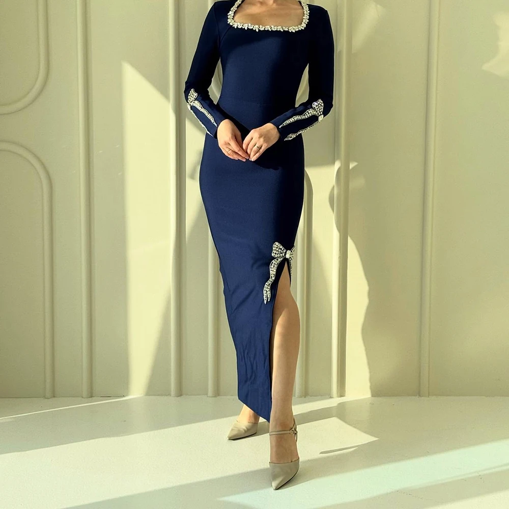 

Прямые вечерние платья по индивидуальному заказу длиной до щиколотки с квадратным воротником и длинными рукавами, платье для выпускного вечера, простое модное вечернее платье с кристаллами и бантом