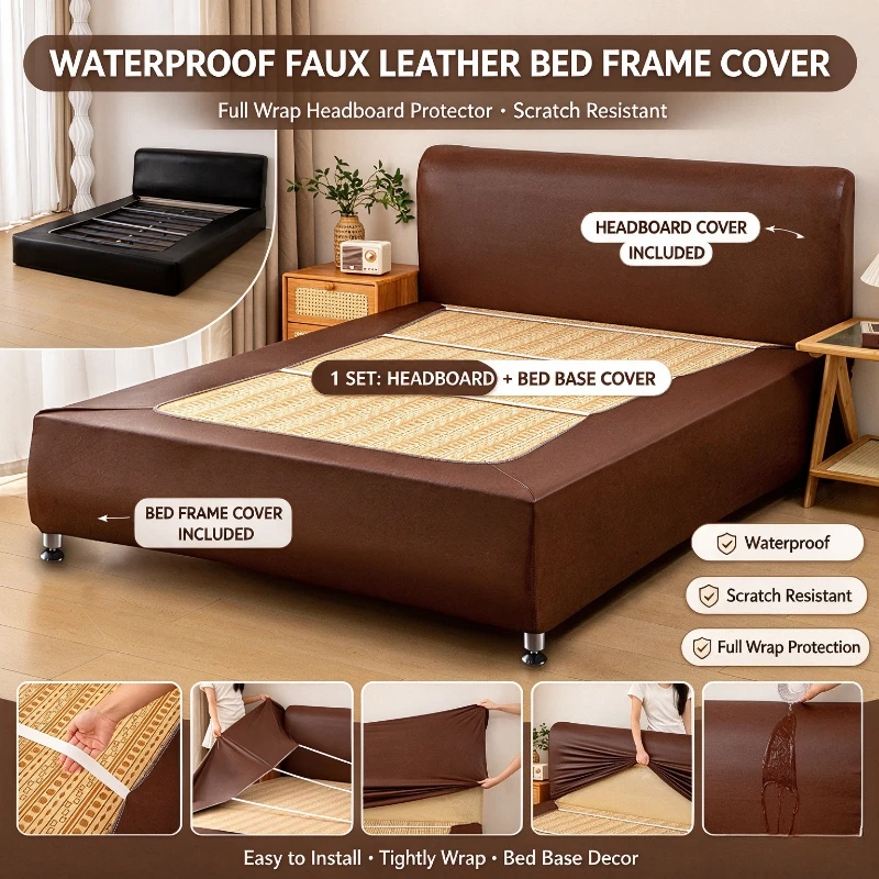 Waterproof Faux Leather Bed Frame Cover Scratch Resistant Full Wrap Headboard Protector For Bedroom Bed Head Bed Base Decor