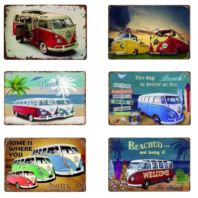 Metal Tin Poster Retro Camper Beach Summer Bus Tin Sign Metal Plaque Poster for Bar Beach Cafe Vintage Decorative Painting