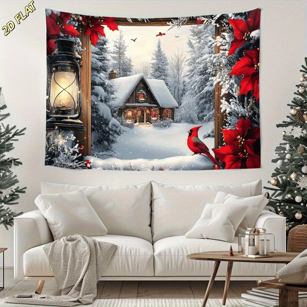 2D Flat - 2D Flat - 2D Flat, 1pc Winter Wonderland Window Wall Tapestry, Tranquil Backdrop, Festive Wall Hanging Decor for Livin