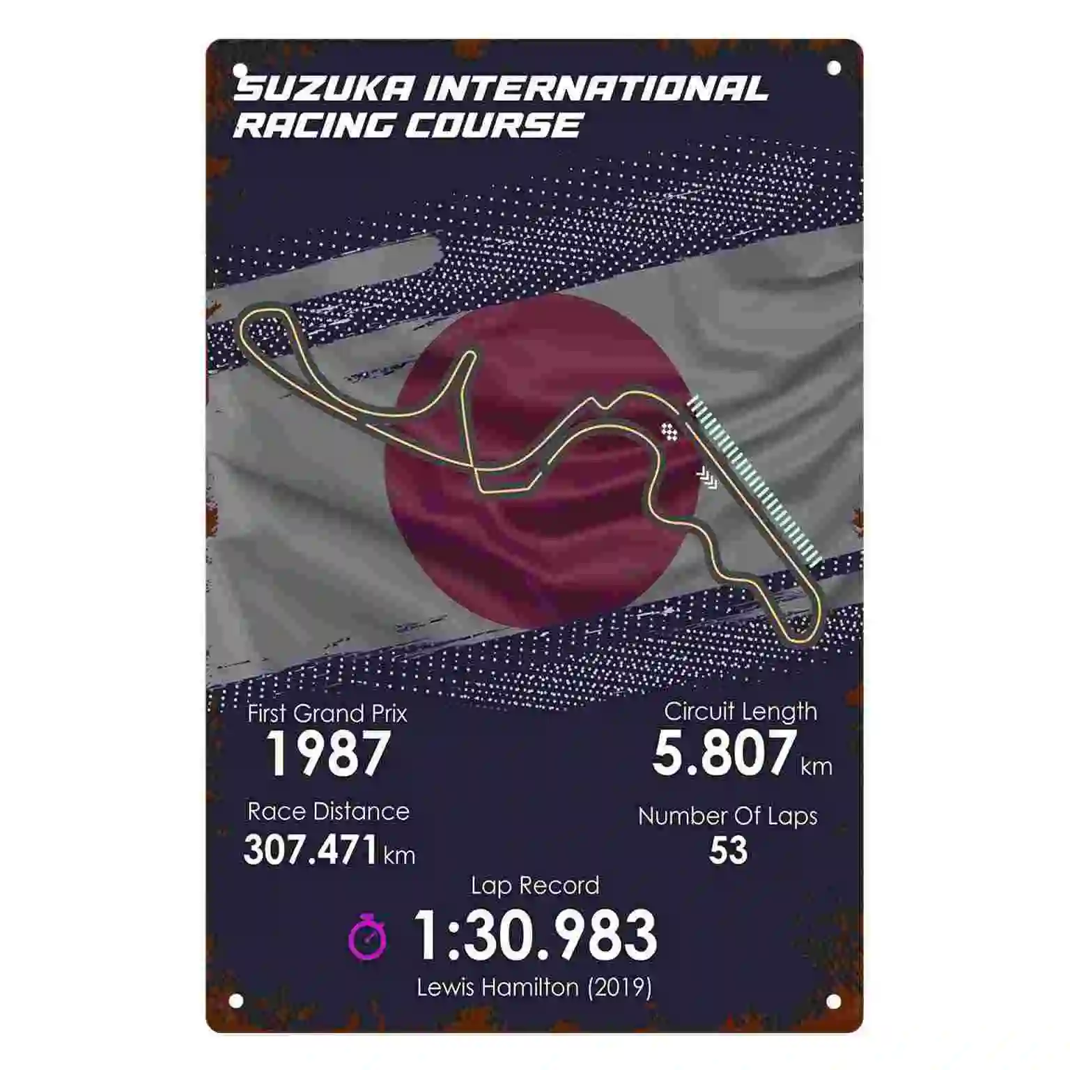 2D FLAT 1pc Suzuka International Racing Course Japan Flag Metal Wall Sign Decoration for Home Garage Bedroom Office Bar And Cafe