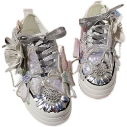 Silver Sneakers News Style Sequined Women Shoes Fashion Rhinestone Flower Lace Crystals Butterfly Casual Heavy Bottom Cute Shoes