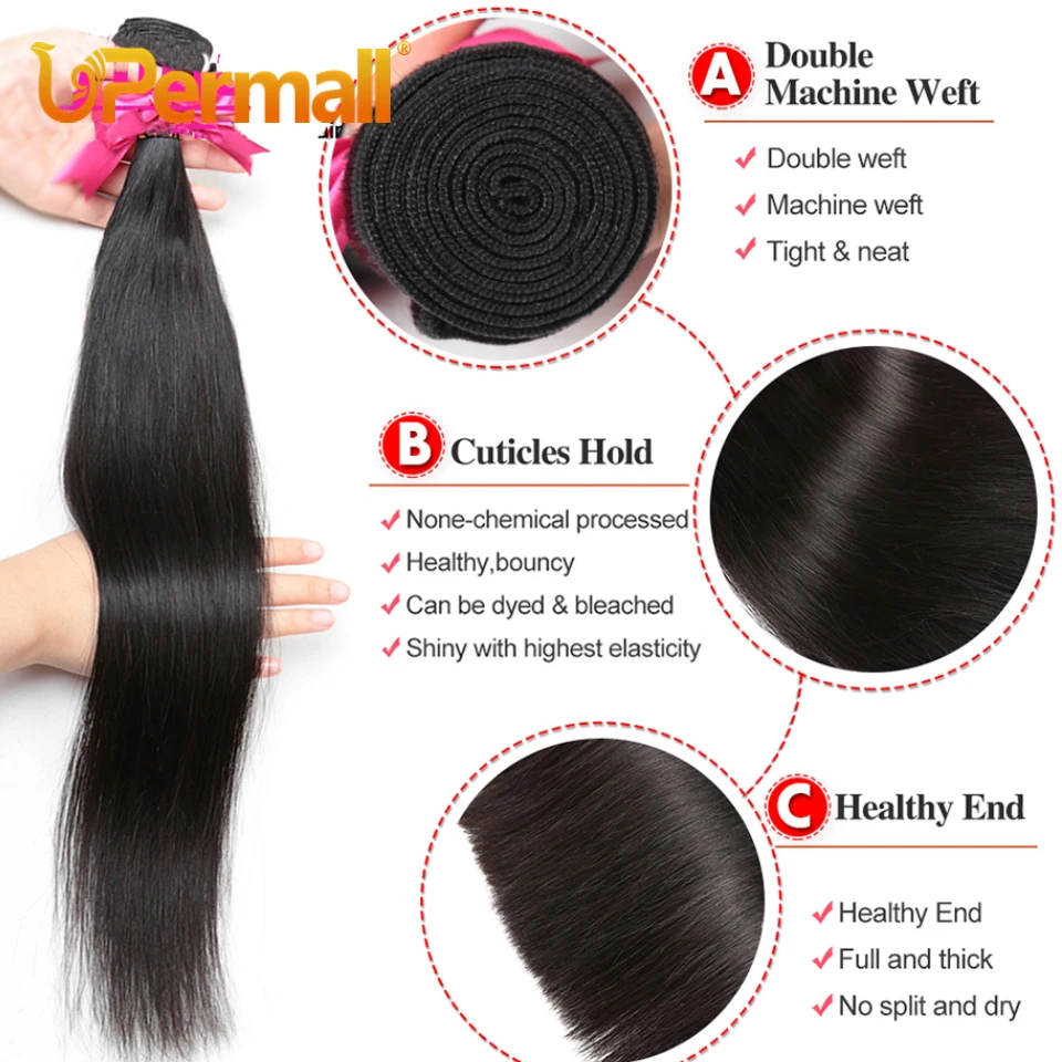 Upermall 3/4 Remy Straight Human Hair Bundles With Closure Brazilian 9A HD Transparent 4x4 Lace Closure and Bundle Natural Black