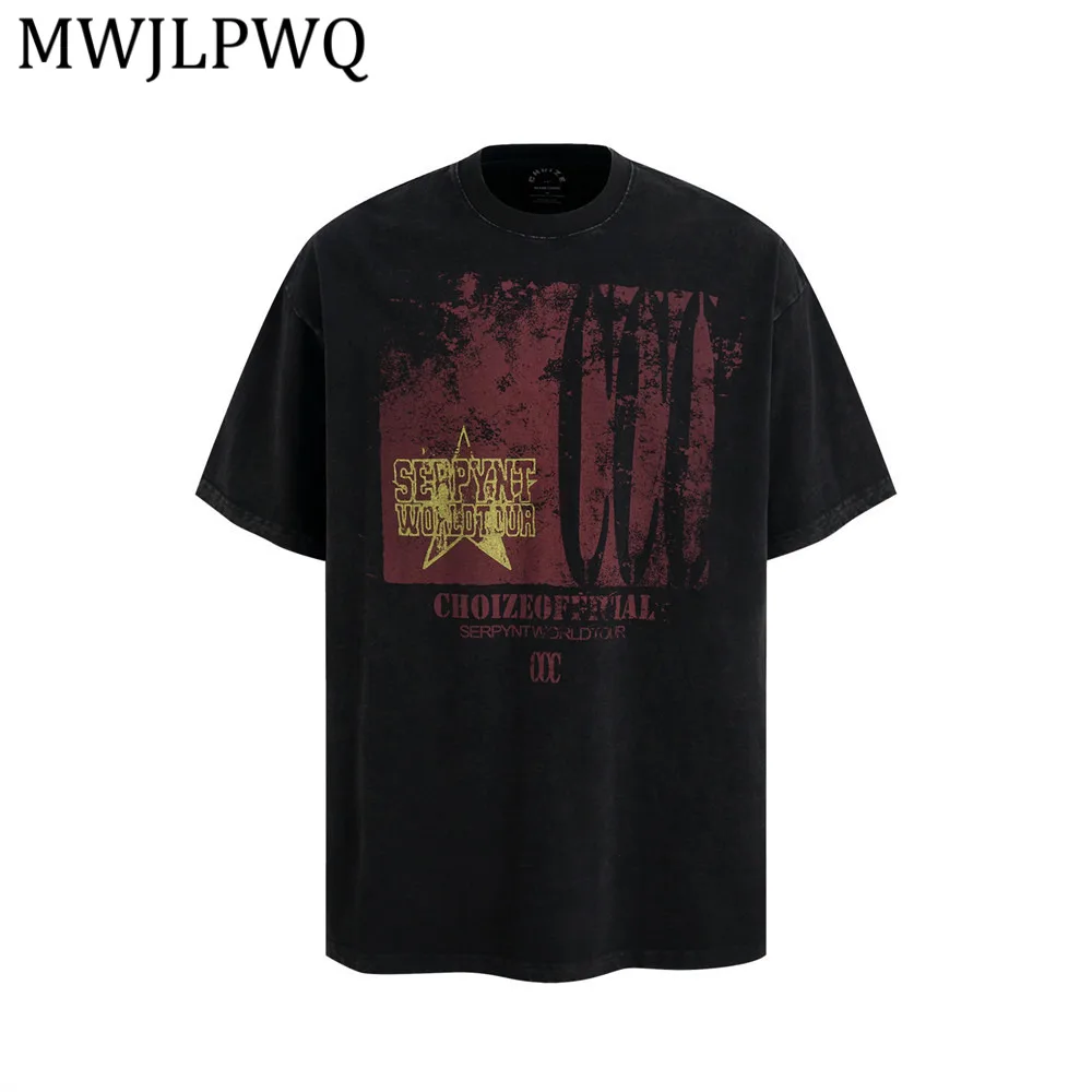 

MWJLPWQ Graffiti Distressed Print Cotton Washd Short-Sleeve T-Shirt Men's Summer Ins High Street Loose Fit Casual Top Tide 14104