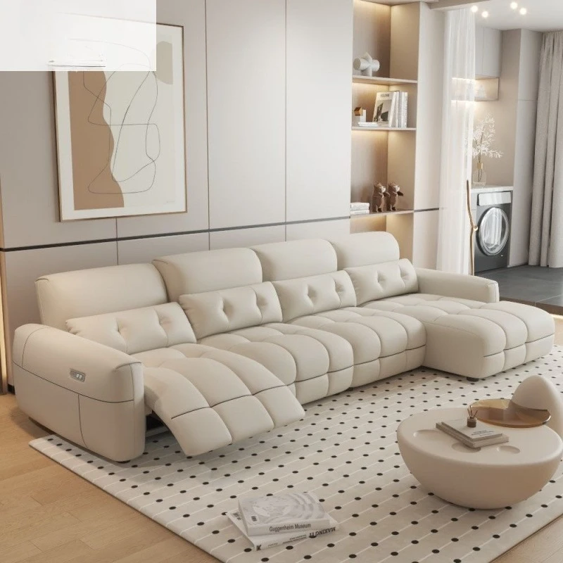 

Modern light luxury massage sofa cream leather straight row sofa small apartment princess cowhide electric function