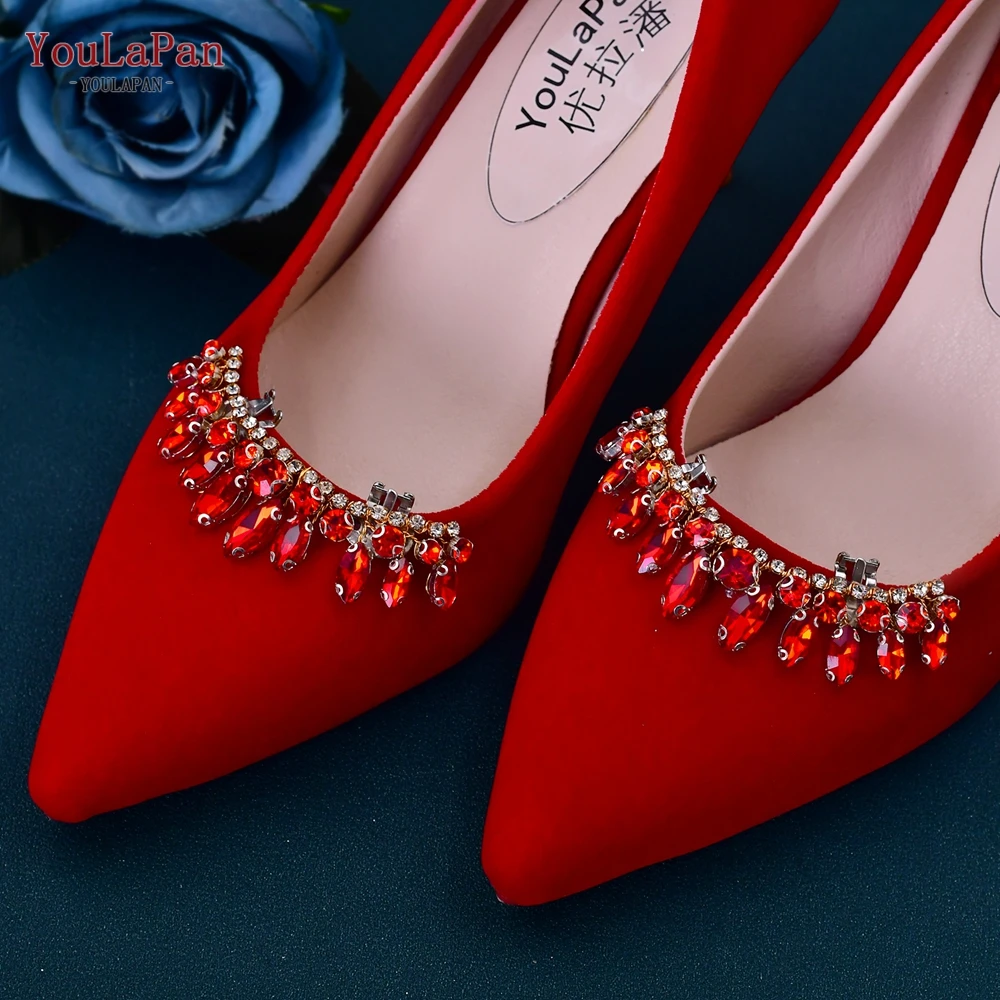 YouLaPan HX39 Red Rhinestone Removable Shoe Clips Wedding Shoes Buckle Women Shoes Accessories Charm Bridal Crystal Decorations