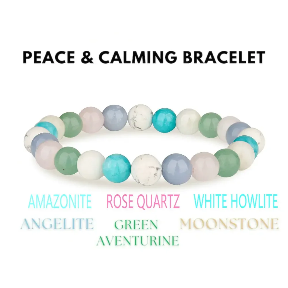 Peace & Calming Bracelet  Angelite Rose Quartz Moonstone Green Aventurine White Howlite 8 mm Natural Stone Inner Peace Crystals