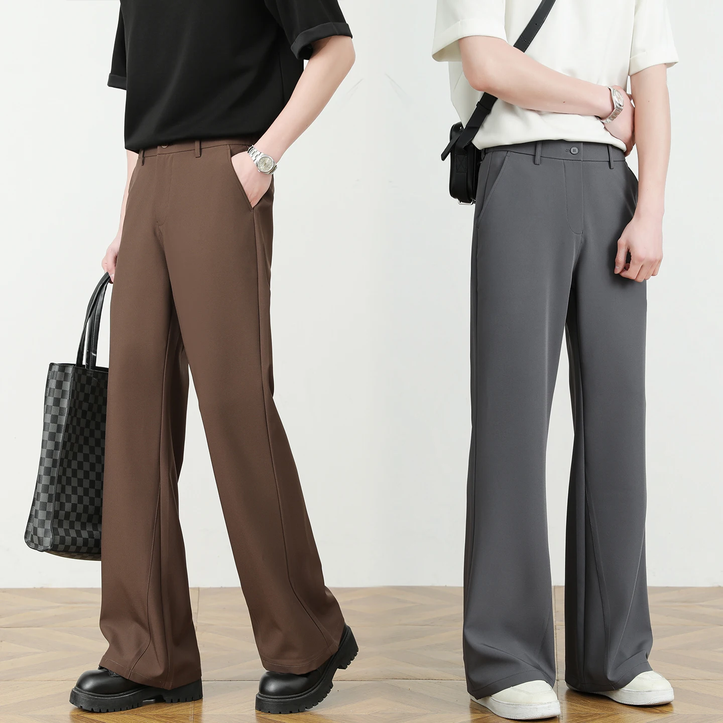 

Мужские повседневные брюки-клеш Brand Spring Summer, деловые, корейский стиль, темно-серые, цвета чая, классические брюки-труба, большие размеры S-4XL