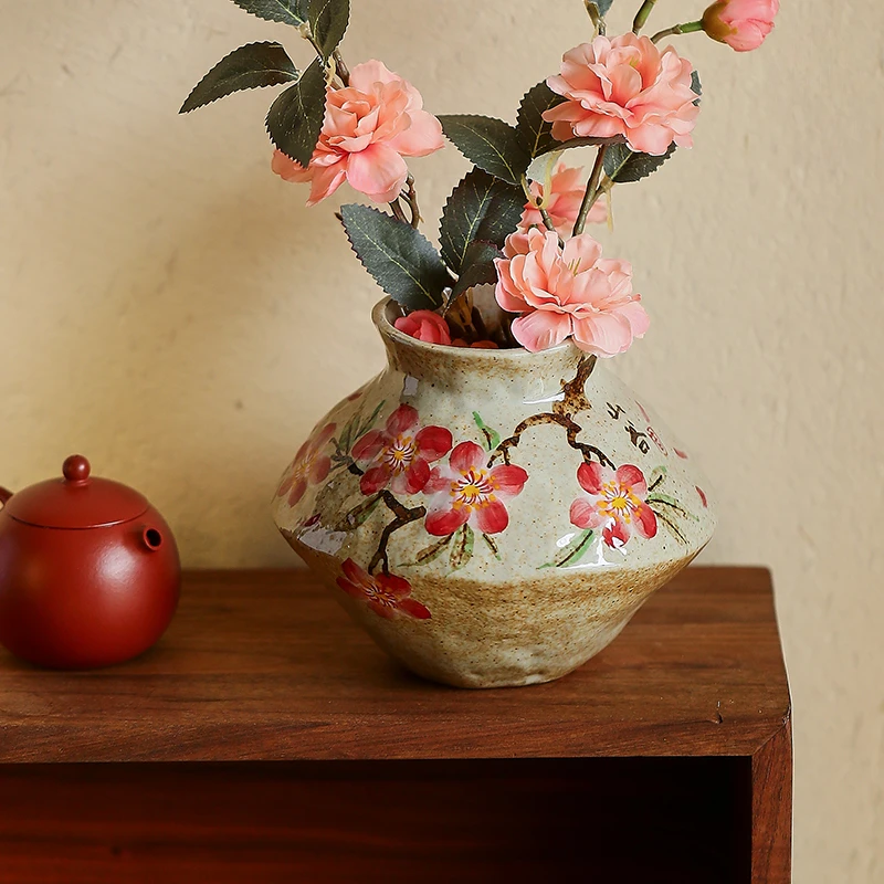 

Chinese Clay Flower Vase Hand-Painted Peach Blossoms Water-Growing Flower Pot Living Room Entryway TV Stand Decorative Ornament