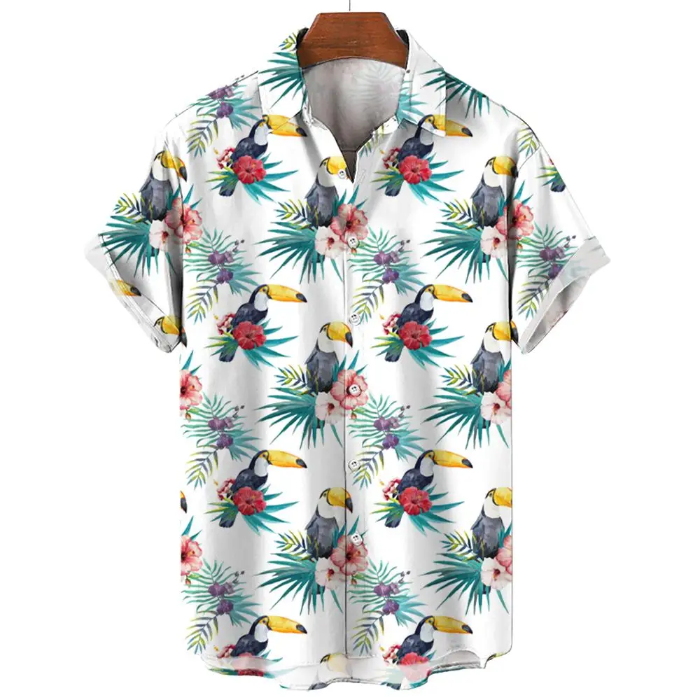 Hawaiian Shirt For Men Casual Toucan Print Short Sleeved Shirt Lapel Collar Tops Original Men's Tee Oversized Button Blouse Tops