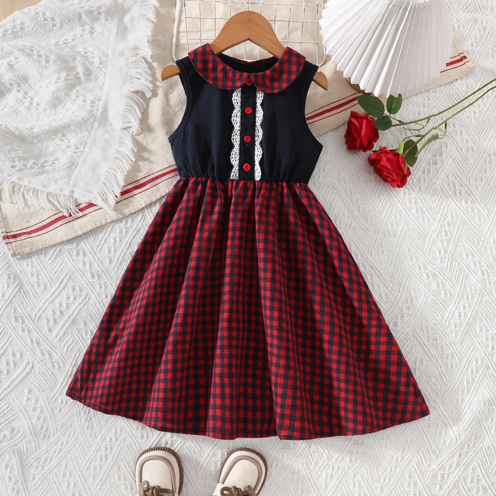 Girls' summer doll-neck sleeveless vest dress, patchwork plaid casual dress