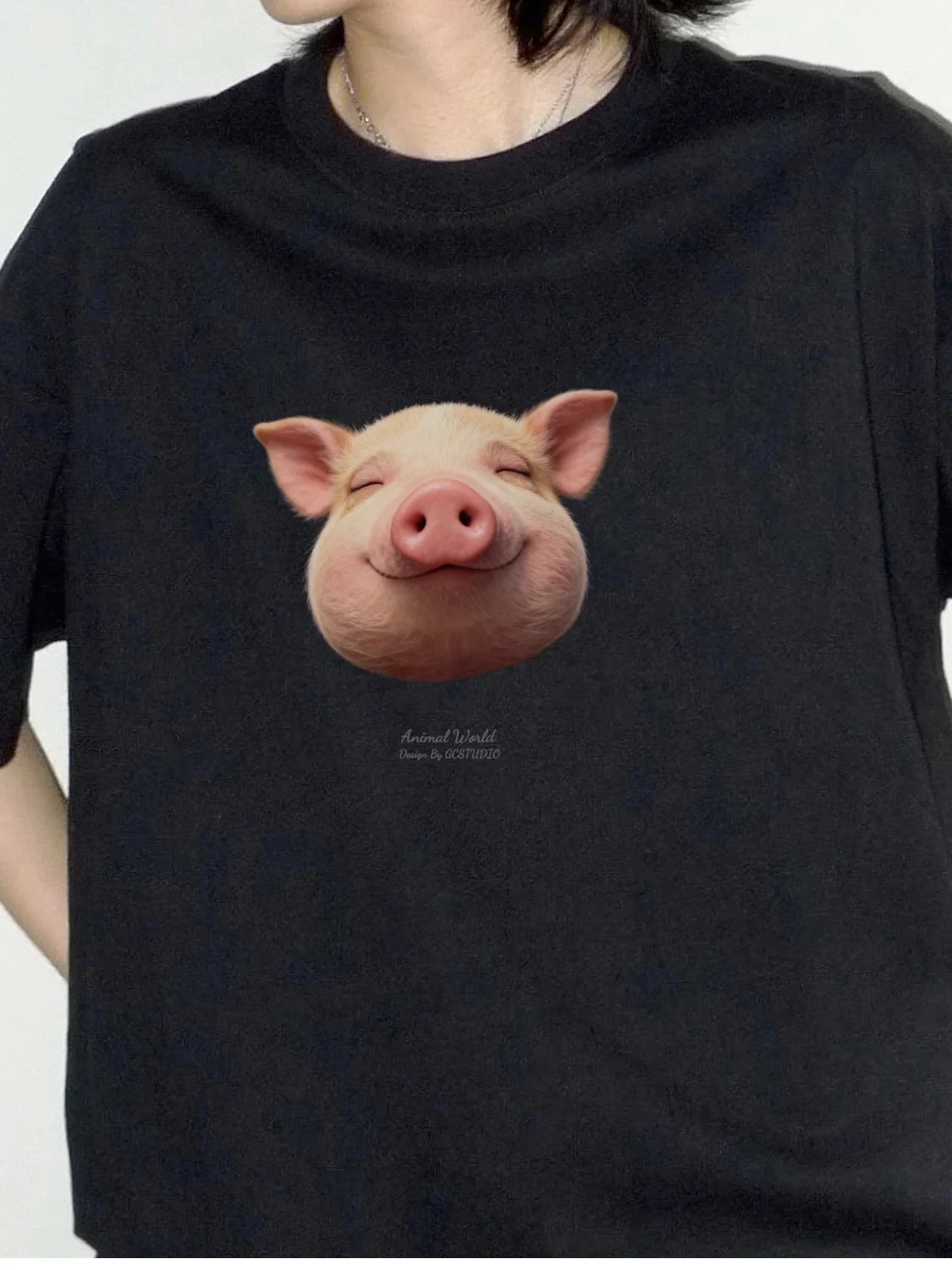 Retro American Cute Pig Head Meme Print Short Sleeve T-Shirt Pure Cotton round Neck Personalized Design Breathable Summer Top