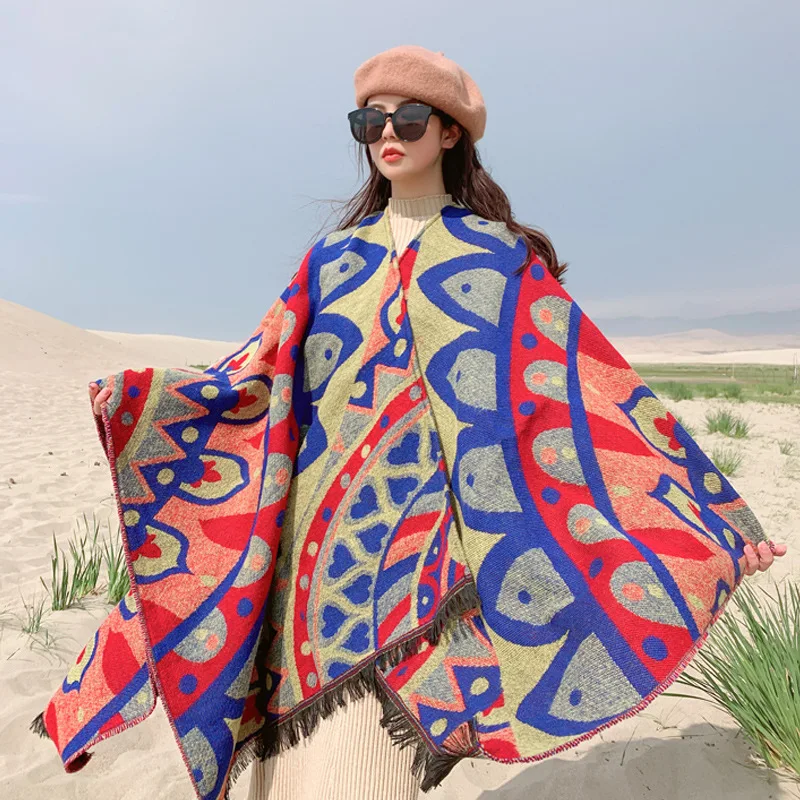 Poncho Cape Autumn and Winter Scarves Women's Travel Shawl Imitation Cashmere European and American Ethnic Style Split Cloak L1