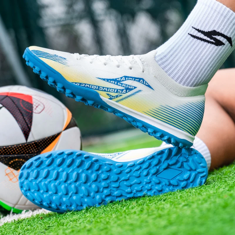 Adult Men TF Turf Soccer Cleats High‑Top Soft PU Upper Non‑Slip Studded Boots For Artificial Grass Match Training