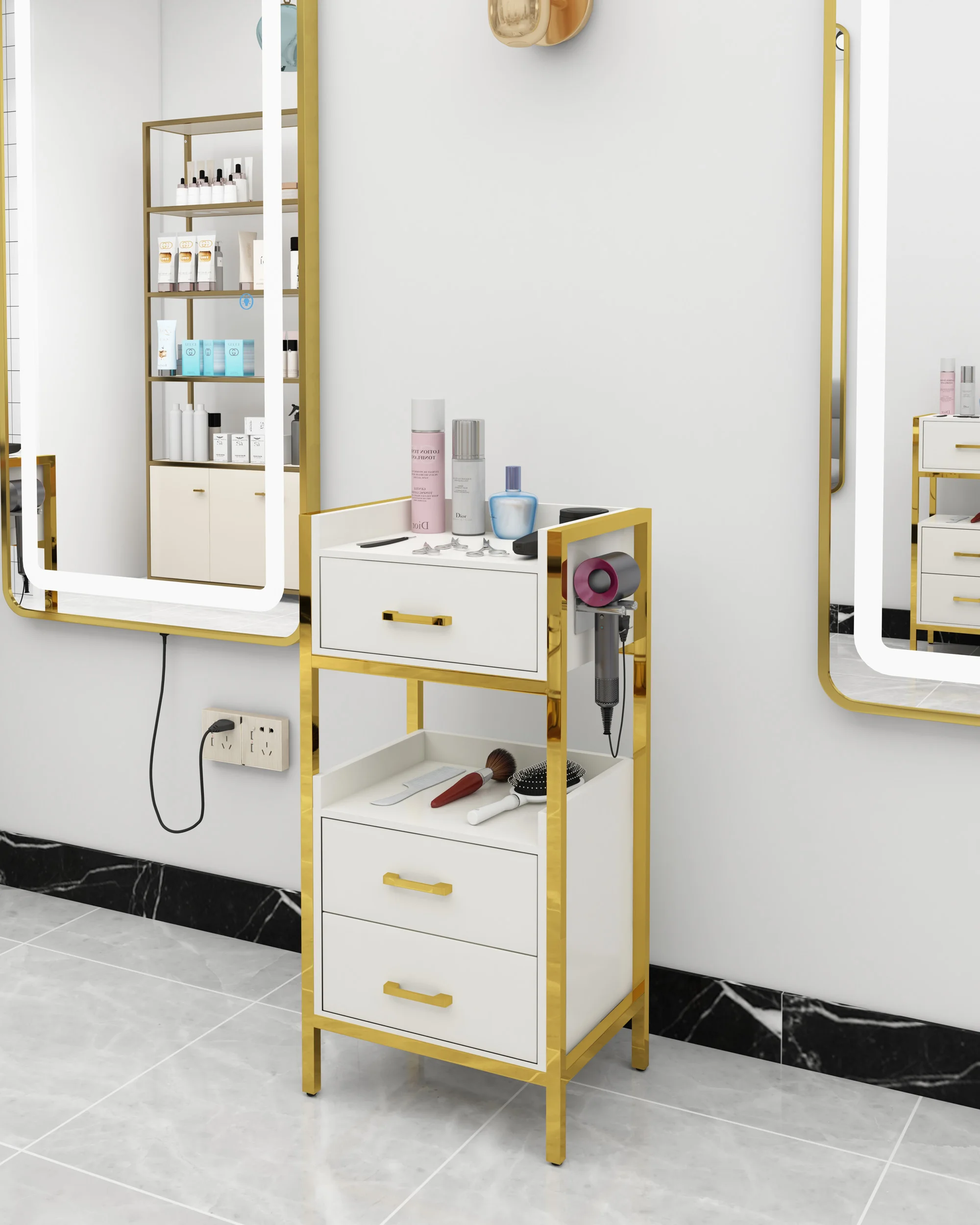 

Wally Beauty Latest Design Salon Furniture Gold Salon Trolley Removable Beauty Trolley Makeup Storage Trolley