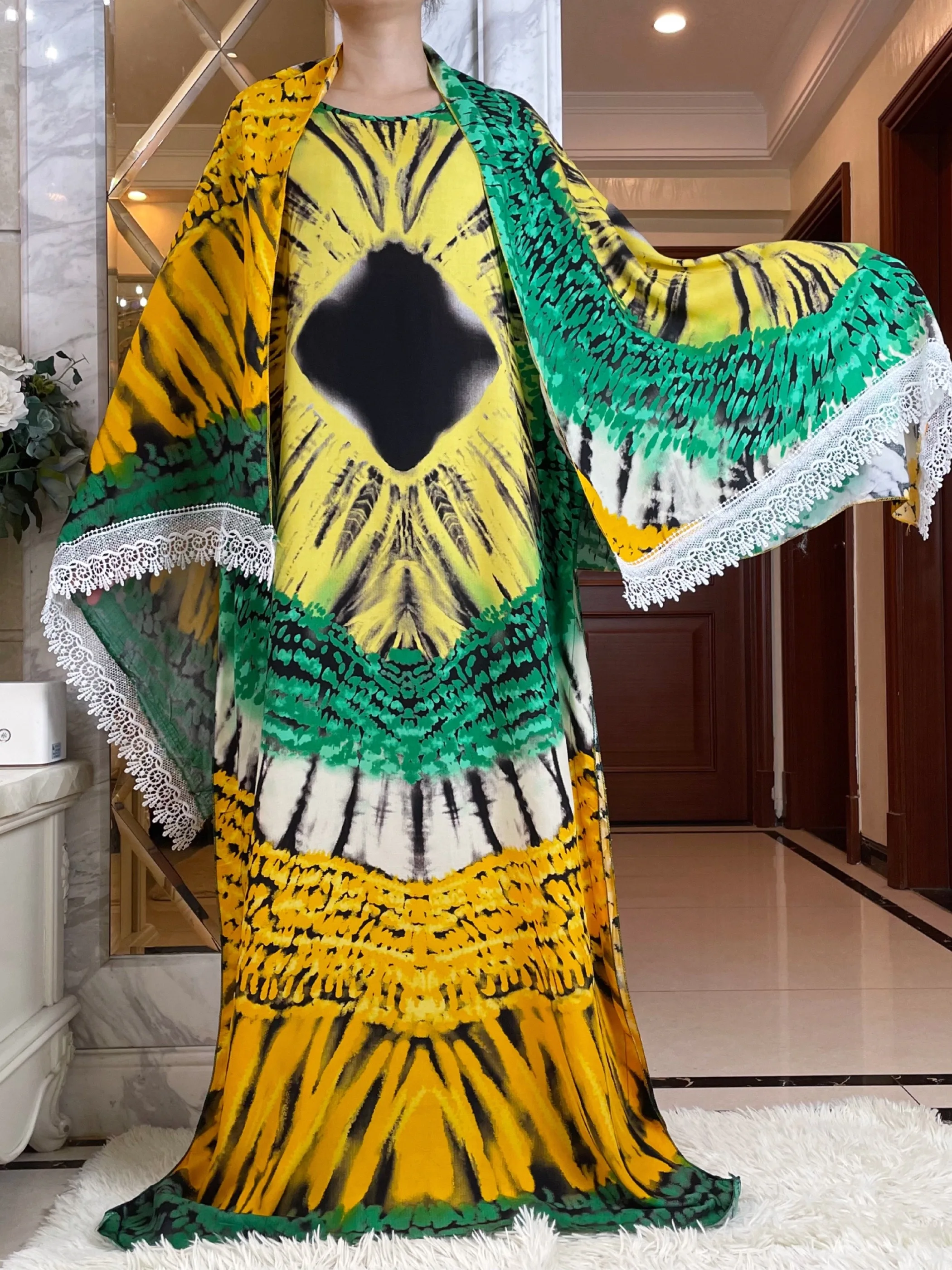 2023New Dubai Muslim Short Sleeve Dress With Big Scarf African Dashiki Printing Cotton Caftan Lady Summer Maxi Casual Abaya