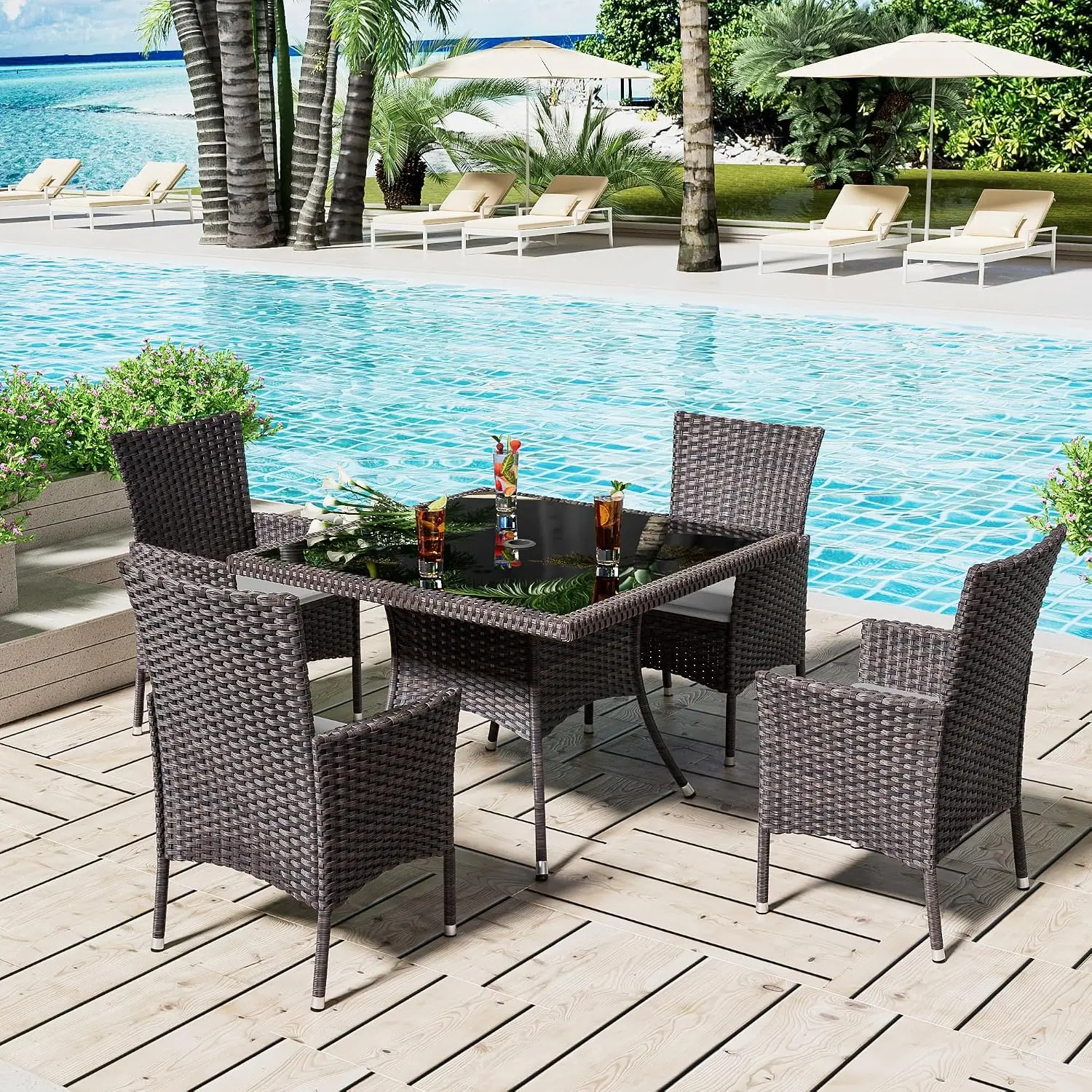 5-Piece Rattan Dining Set with Glass Table & Umbrella Hole, Outdoor Indoor Patio Garden Furniture, Customized