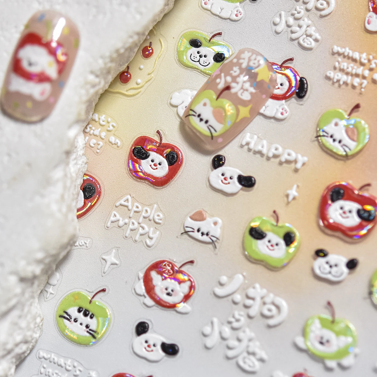 Cute Apple Fruit Dog Puppy Cat Kitten Adhesive Nail Art Sticker Charming Delicate Rhinestone Shiny Manicure Decals Nail Supplies