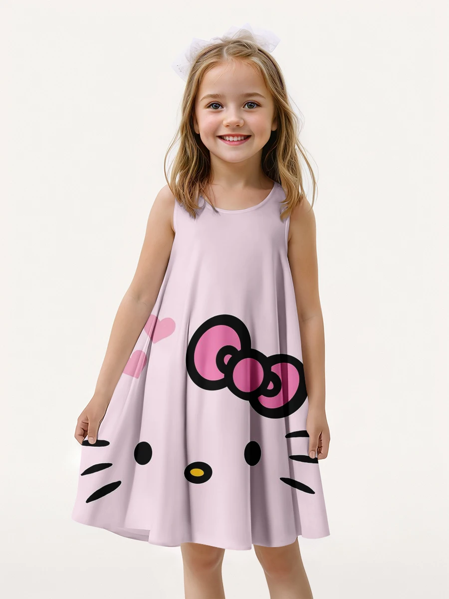 MINISO New Summer Girls Dress Hello Kitty 3D Printed Fashionable Cartoon Cute Princess Girls Clothes Skirt Party Boys Kitty Cat