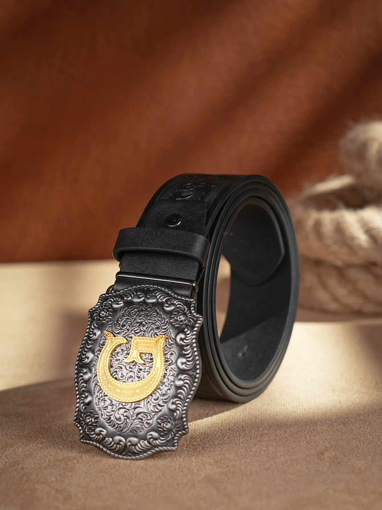 Western Cowboy PU-Ledergürtel – Herren-Hüftgurt, Stier-Dekoration, Blumenmuster, graviert für Jeans – Detail 14