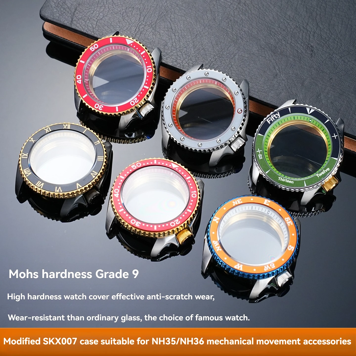 حافظة Mod Skx007 لهاتف Seiko NH35/NH36 حركة ميكانيكية إطار إدراج الياقوت والكريستال والزجاج حافظة ساعة فضية من الفولاذ المقاوم للصدأ