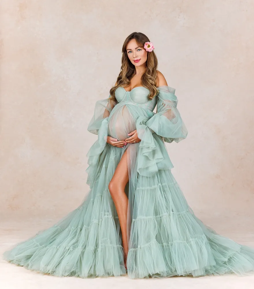 custom Mint Green Tulle Pregnancy Dress Maternity Photoshoot Gown Puff Sleeves Floor-length  Soiree for Pregnant Woman