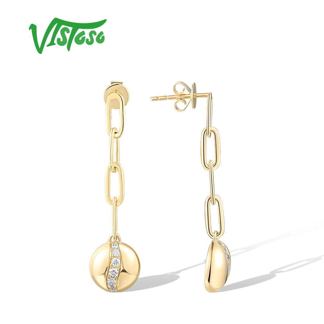 VISTOSO Pure 14K 585 Yellow Gold Stud Earrings For Women Sparkling Diamond Circel Links Trendy Wedding Anniversary Fine Jewelry