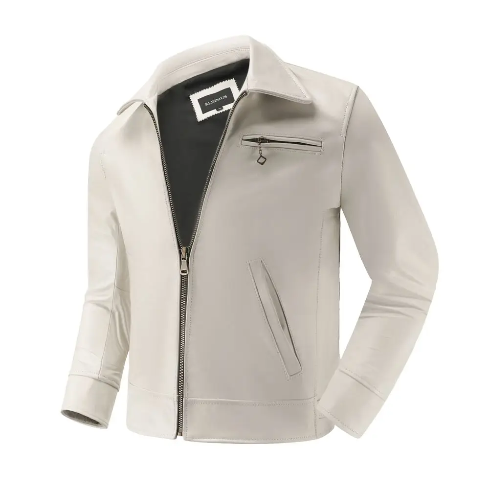 

Top New Layer Cowhide White Tuxedo Short Slim Fit Motorcycle Jacket Men's Leather Casual Coat Trend