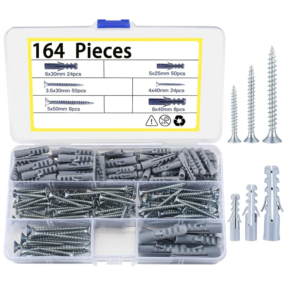 164pcs Gypsum Board Expansion Screws Set Nylon Expansion Screw Combination Stainless Steel Self-Tapping Phillips Head Screw Bolt