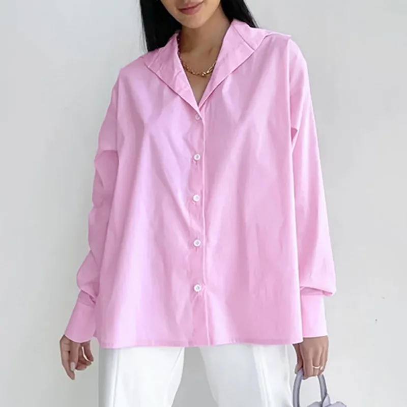 

Autumn New Pink Long Sleeve Shirt Woman Loose Solid Casual Women Blouse Fashion Elegant Turn-down Collar Blouses and Tops 29374