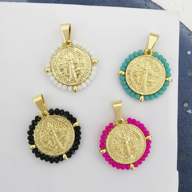 QMHJE-collar con colgante de la Virgen María para mujer, Gargantilla redonda de acero inoxidable, cadena de cuentas, Color dorado, arcoíris, joyería colorida, bricolaje