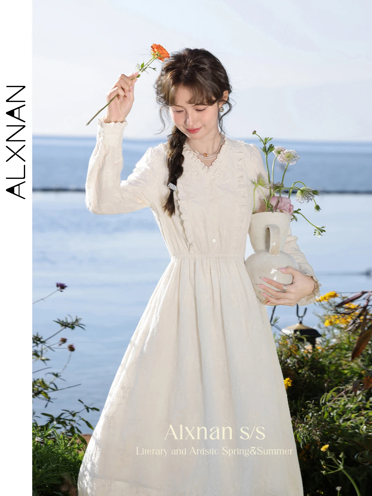 ALXNAN Women Cotton Embroidery Long Dresses 2024 Spring Elegant Lace Trim V-neck Long Sleeve Frenchy Dress Woman Clothes L33715