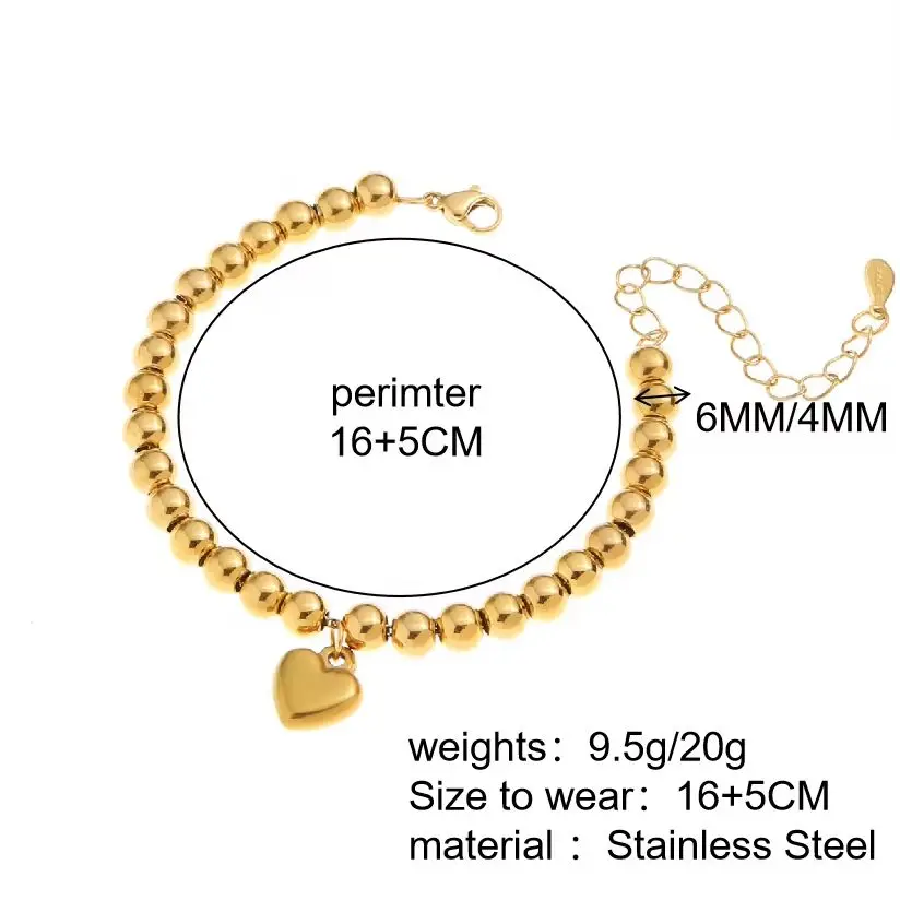 Stainless Steel Bracelets For Women 6MM/4mm 18k Gold Beads Chain Love Heart Shaped  Pendant all-match Fashion Jewelry Gift