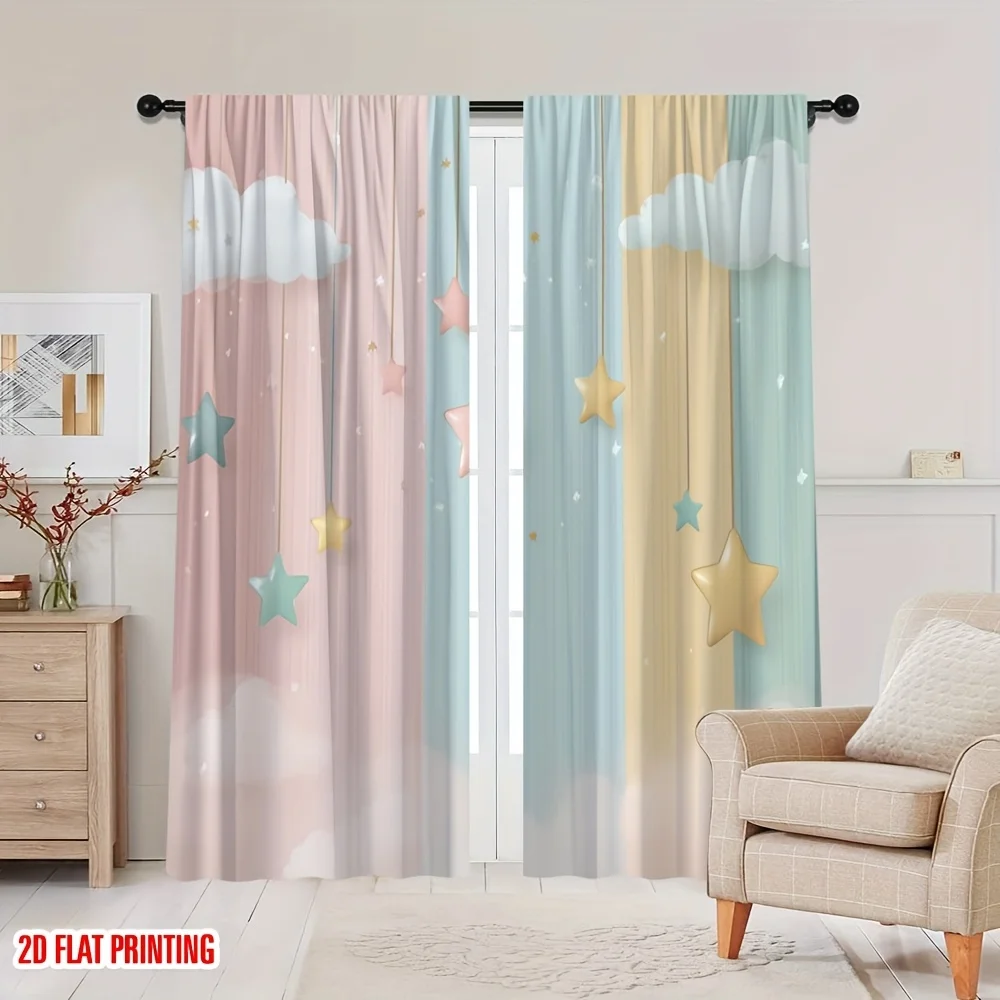 Whimsical Pastel Cloud Star Curtains Panels for Nursery Kids Bedroom Window Decor Polyester Home Drapery Shade
