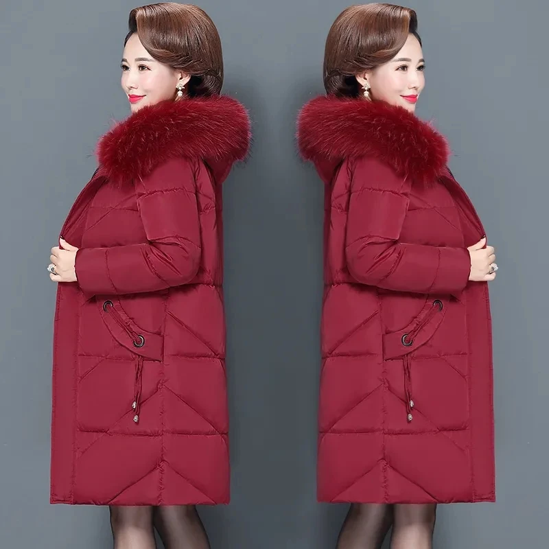 Winter Hooded Long Parkas Down Cotton Clothes Jacket Mid-Length Women Big Fur Collar Solid Color Coat 2024 Fashion Elegant New