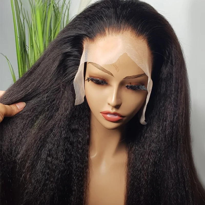 Soft Long Glueless Yaki Natural Black 30Inch 180Density Kinky Straight Lace Front Wig For Women With Baby Hair Preplucked Daily