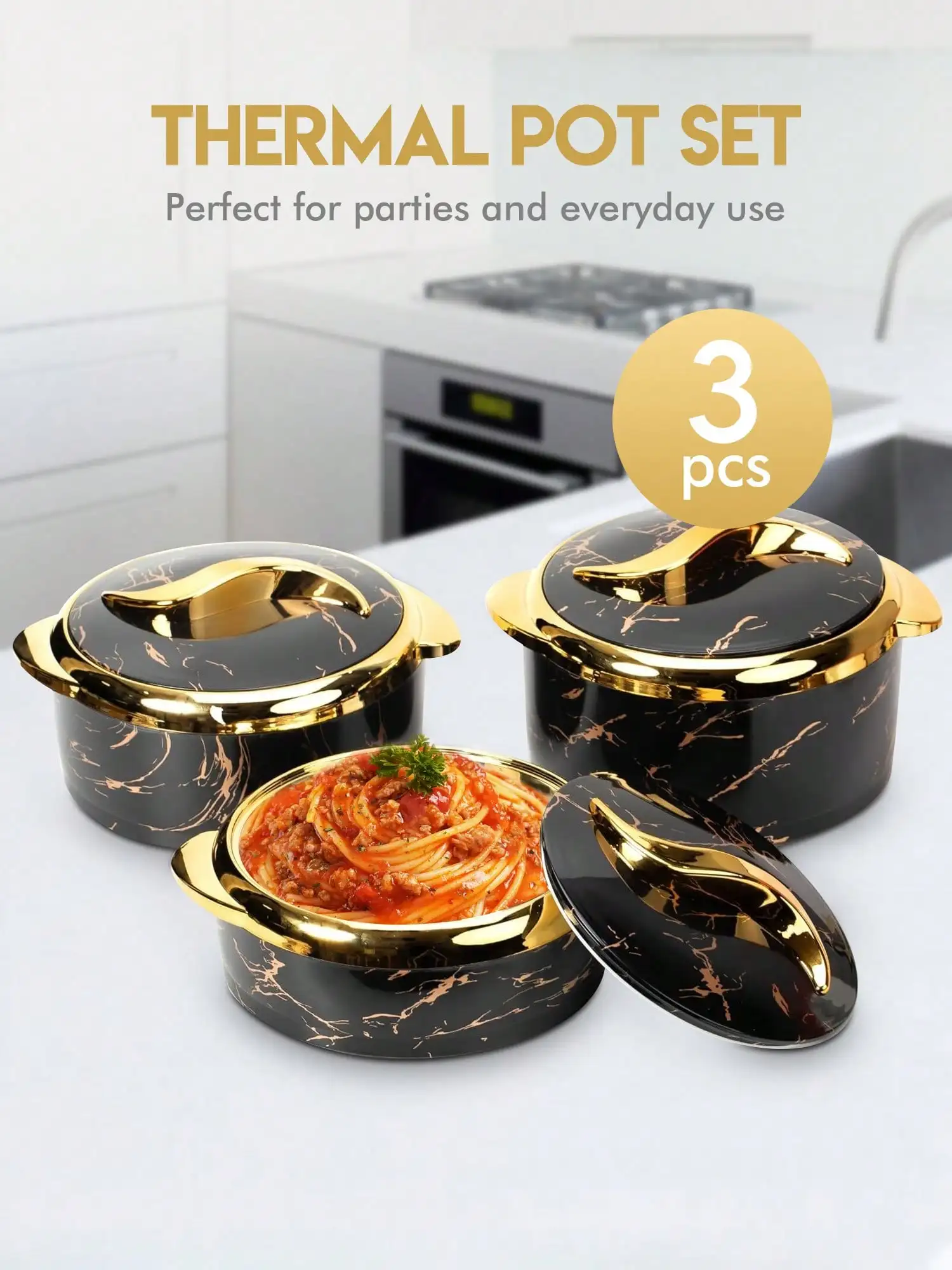 Brodark 3pcs, Golden Touch Food Warmer, Thermal Casserole Dish Set With Lids, Insulated Stainless Steel Container For Hot & Cold Food, Serving Bowl For Buffets, Hot Pot Sets Food Warmer, Hot Pot Food Warmer Set, Tableware Casseroles Set, For Office