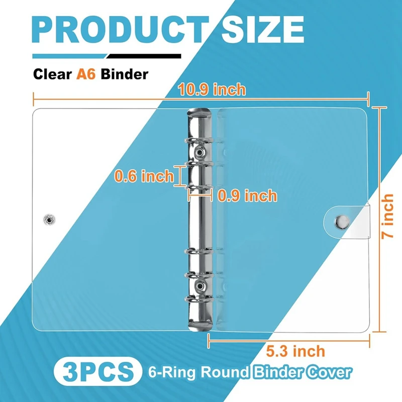 แผ่นปิด A6 6ห่วงพีวีซีนิ่มโปร่งใส3แพ็คปกสมุดโน้ตใสตัวยึด A6สำหรับเติมใหม่ได้ทนทาน