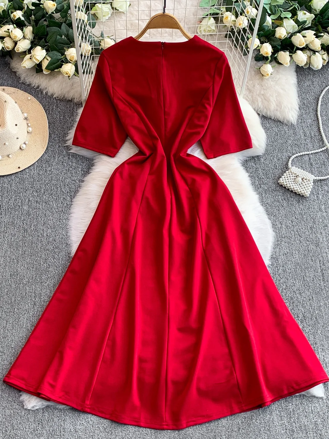 Ele round Ne Dr Women's Autumn Winter Single Button Slimming Full Skirt Long Dr French Sle High Waist A-Line Sk...