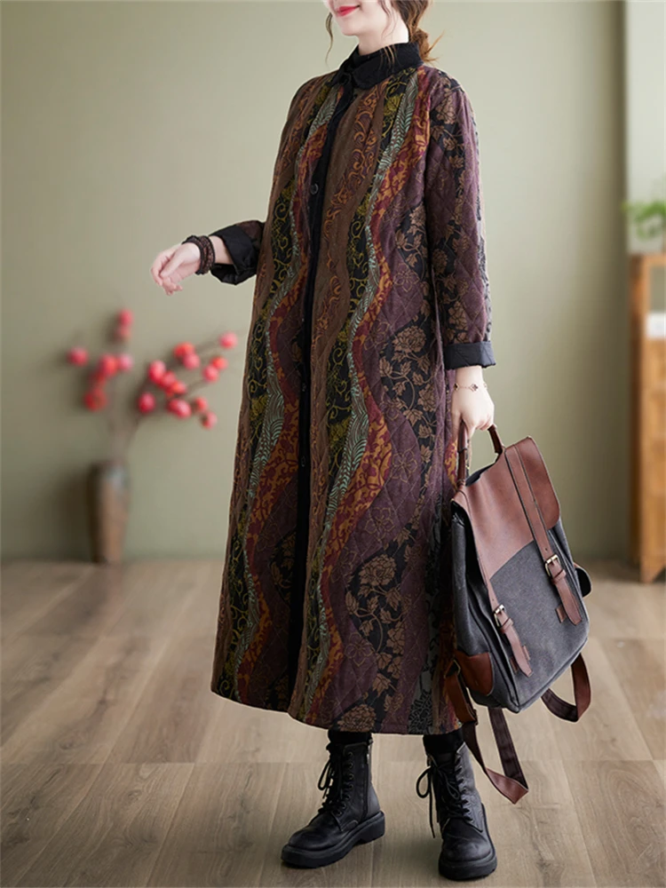 Cotton Coat Ethnic Style Long Sleeved Single Breasted Winter Women Patchwork Casual Loose Medium Length Wide-waisted Outerwear