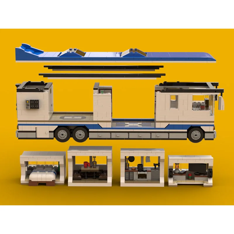 MOC-161126 مكعبات بناء كلاسيكية جديدة فاخرة RV مع مخرج منزلق، 1369 قطعة، هدية لعبة عيد ميلاد للأولاد والأطفال