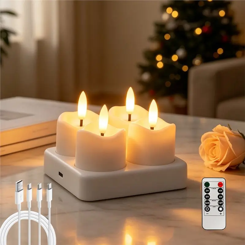 [NEWA08R】 Rechargeable LED Tea Light Candles 4/6PCS Flameless Flickering Electronic Candles Home Decor Candelabra Lamps