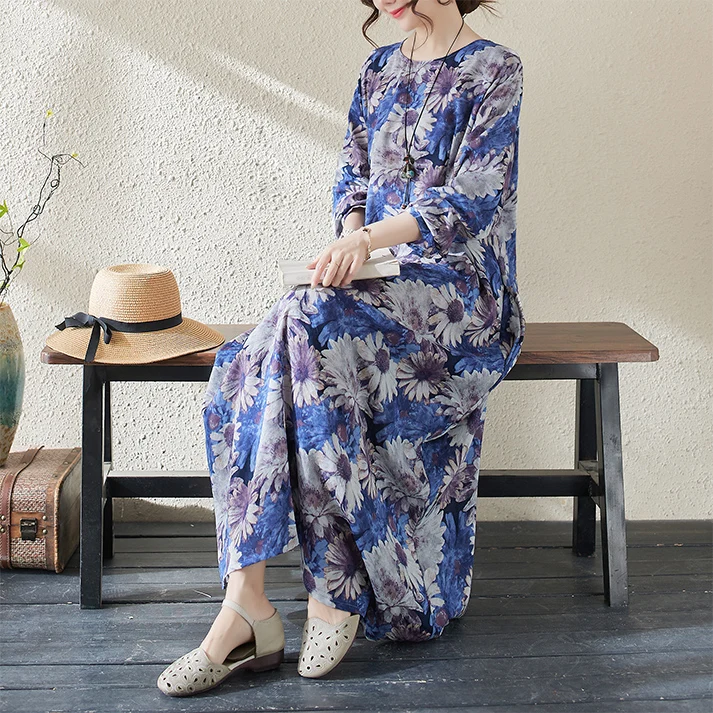

Loose Fit Cotton Linen Print round Ne Long Sve plus Size Dr Travel Casual Wear Autumn Thin Material Long Dr