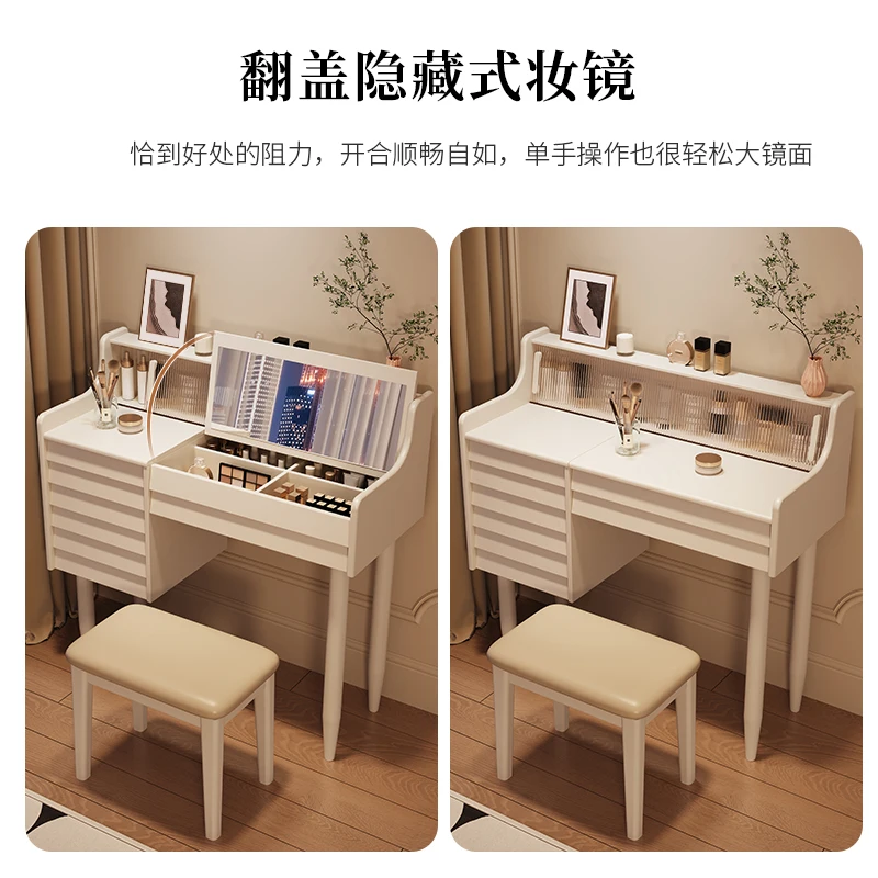 Full solid wood dressing table bedroom modern minimalist dressing table flip over dressing table with mirror mesh, red