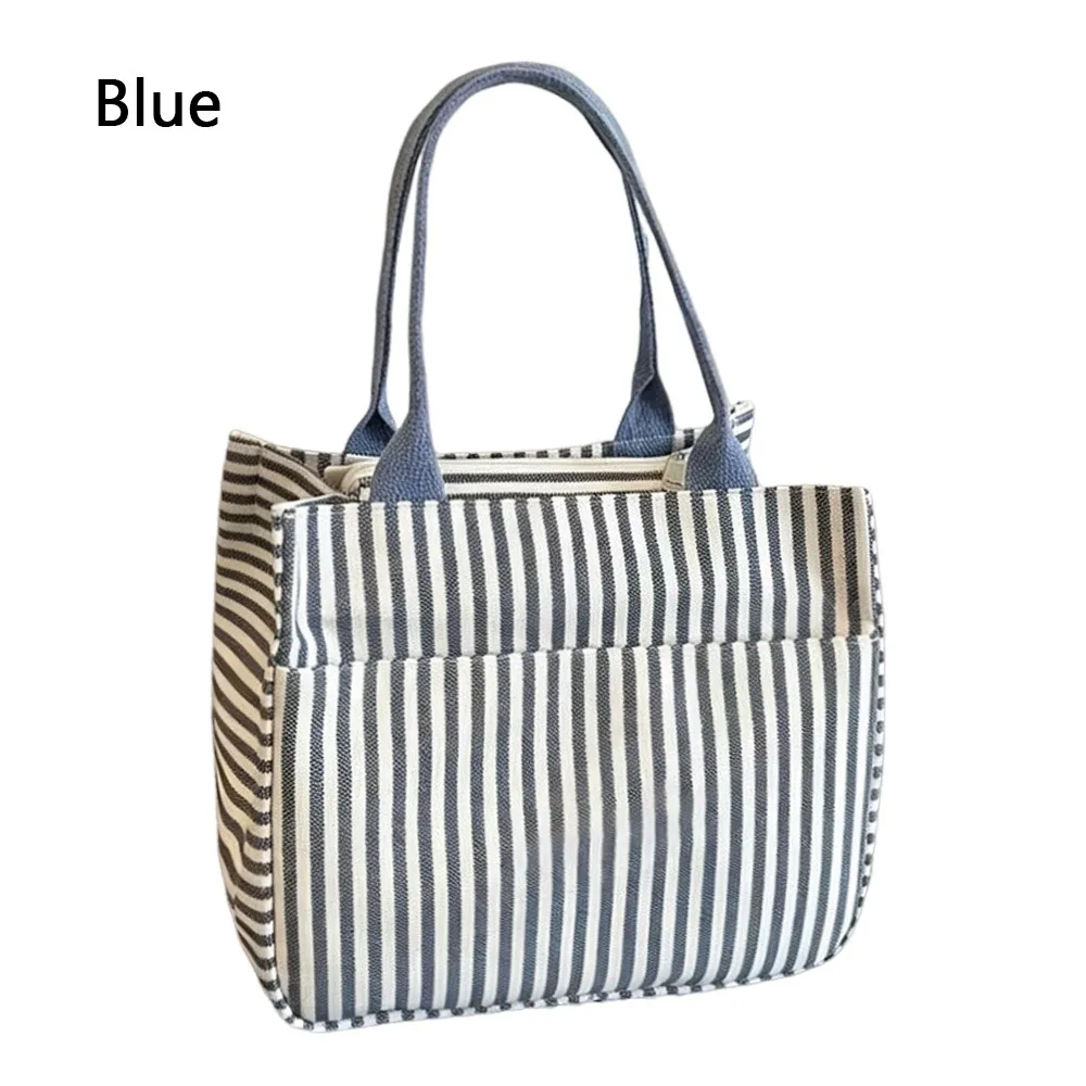 

1Pcs Striped Canvas Lunch Bag Versatile Portable Lunchbox Bag Japanese-style Minimalist Mom Handbag for Office Workers Students