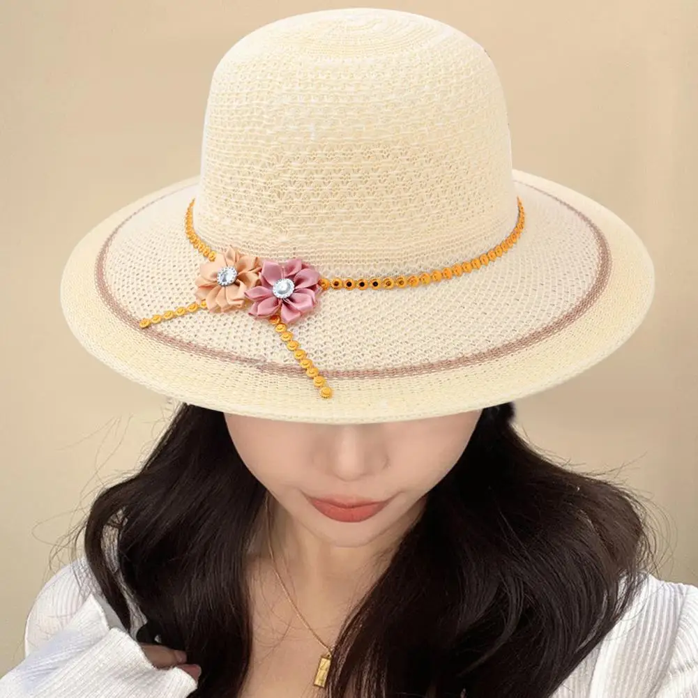 Women Summer Straw Hat Sun Hat Stylish Floral Decor Sun Hat for Women Wide Brim Lightweight Beach Cap with Uv