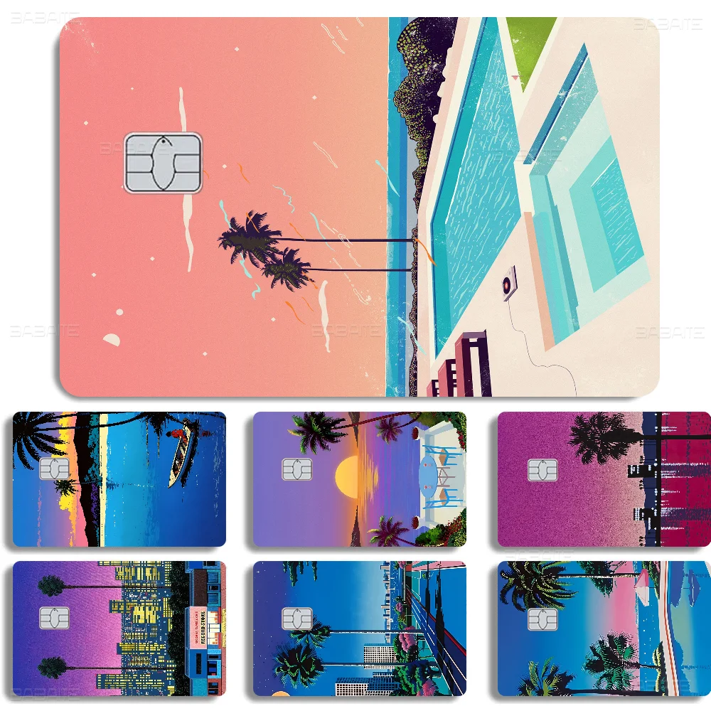 هيروشي ناجاي Vaporwave اليابان شاطئ مدينة الصيف أنيمي ملصق فيلم غطاء الجلد لبطاقة الائتمان بطاقة الخصم البنك الجبهة #2