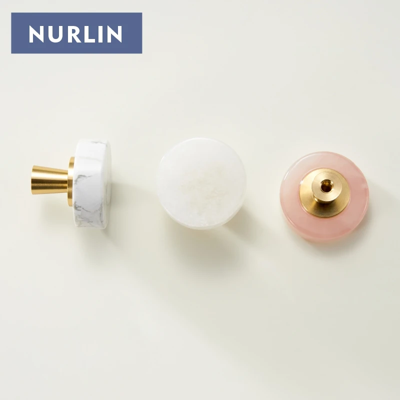 Nurlin Brass Marble Crystal Jade Cabinets Wardrobe Door Drawers White Pink Natural Stone Knobs